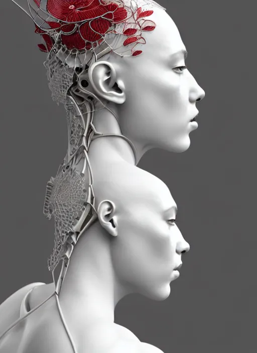Prompt: complex 3d render ultra detailed of a beautiful porcelain profile young woman face, biomechanical cyborg, 150 mm lens, beautiful studio soft light, rim light, silver white gold red details, magnolia big monochromatic lemon leaves and stems, roots, fine foliage lace, mesh wire, Alexander Mcqueen high fashion haute couture, art nouveau fashion embroidered, intricate details, hyper realistic, ultra detailed, mandelbrot fractal, anatomical, facial muscles, cable wires, microchip, elegant, octane render, H.R. Giger style, black eyes, plump lips, volumetric lighting, 8k post-production, trending on Artstation