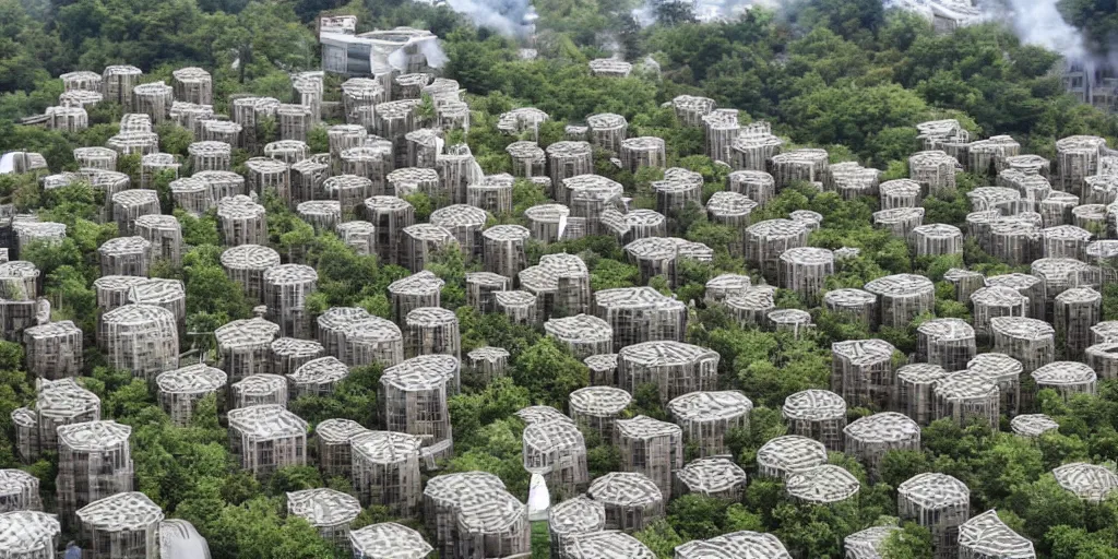 Image similar to a colony of insect civilizations buildings resembling bee