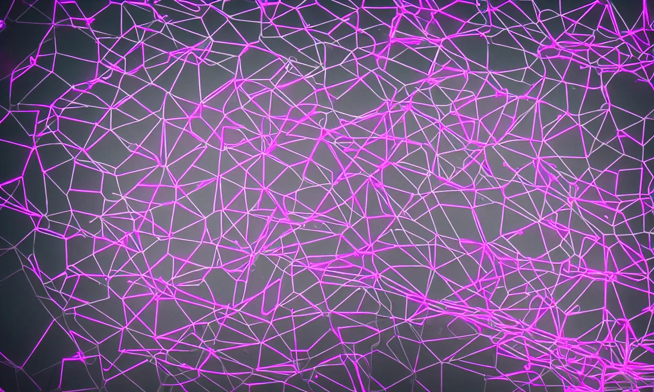 Prompt: reflexion neon glow cyberpunk voronoi depth fog wires connexion