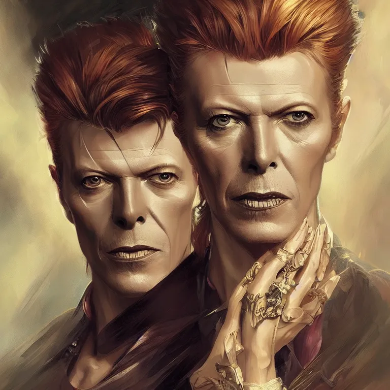 Image similar to portrait of David Bowie, fantasy, intricate, elegant, highly detailed, digital painting, artstation, concept art, smooth, sharp focus, illustration, art by artgerm and greg rutkowski and alphonse mucha