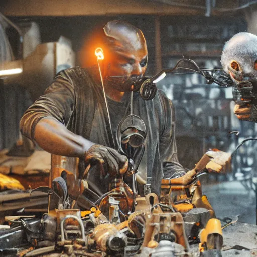 Image similar to half rusted old egg beater half stun - gun, balding older cyborg repairing, red hot soldering iron, dark messy smoke - filled cluttered workshop, dark, dramatic lighting, orange tint, cinematic, highly detailed, sci - fi, futuristic, movie still from blade runner