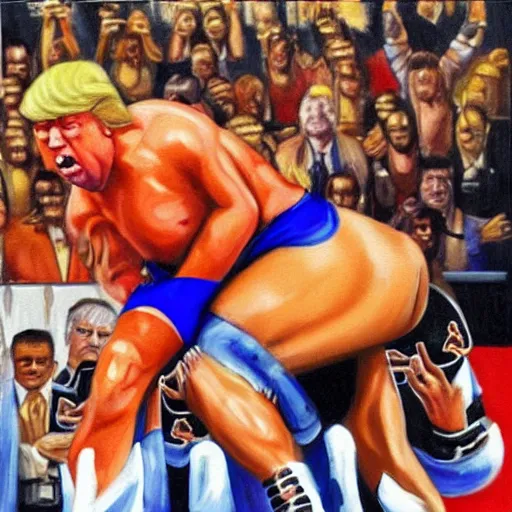 Prompt: Oil painting of buff Donald Trump wrestling in the WWF