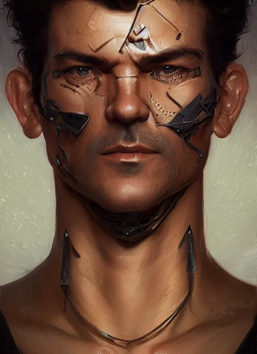 Image similar to symmetry!! antonio banderas, male, machine parts embedded into face, intricate, elegant, highly detailed, digital painting, artstation, concept art, smooth, sharp focus, illustration, art by artgerm and greg rutkowski and alphonse mucha, 8 k