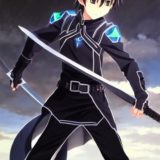 Image similar to kirito, sword art online character, fighting scene, realist painting