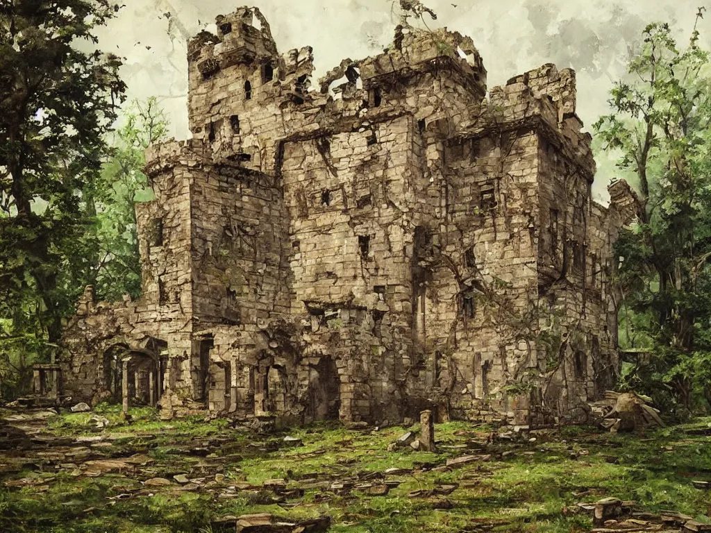 Image similar to A beautiful painting of a dilapidated ancient castle building in the wood, by Coby Whitmore, Trending on artstation, very detailed