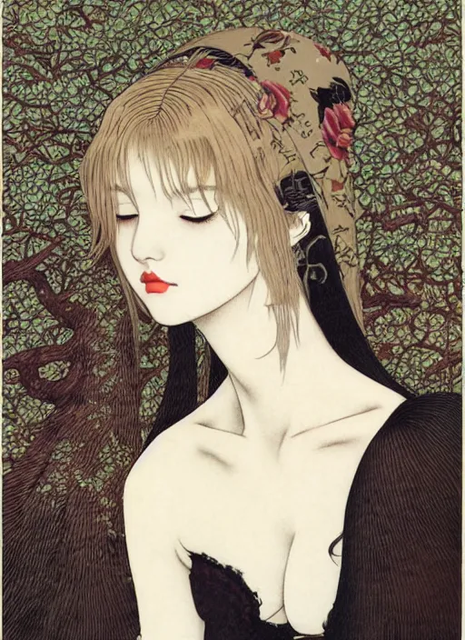 Image similar to pop surrealism, hyper realism, muted colors seductive female venus, cute girl, long hair, art by takato yamamoto, trevor brown