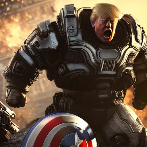 Image similar to Portrait! of President Donald Trump as ((captain america)) in Gears of War, splash art, movie still, cinematic lighting, dramatic, octane render, long lens, shallow depth of field, bokeh, anamorphic lens flare, 8k, hyper detailed, 35mm film grain