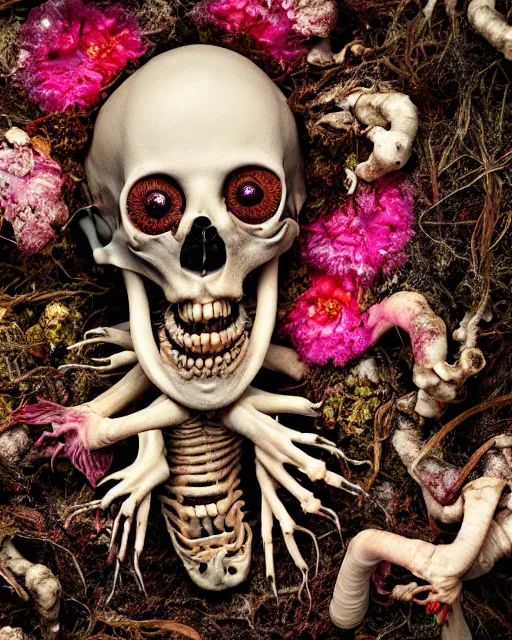 Prompt: a extremely disturbing horror photograph of a creature made out of rotten flowers and nature and fungus and bones, hyperrealism, sharp focus, cinematography, highly detailed, octane render, horror cgi 4 k, matte, photograph by professional photographer