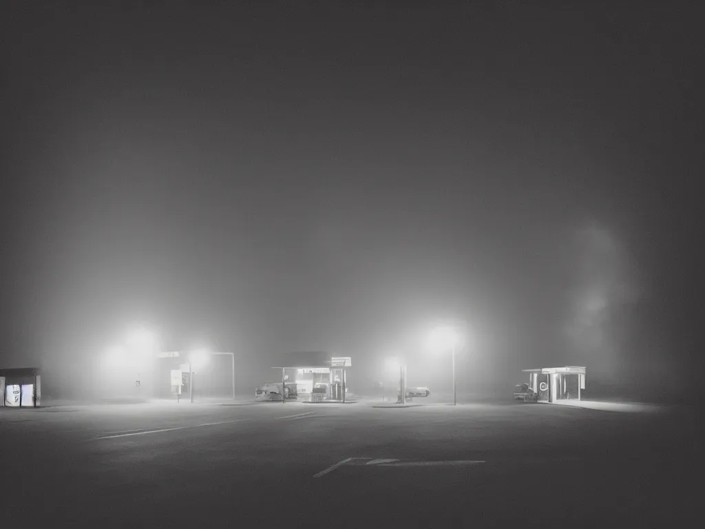 Image similar to “35mm film photography of gas station surrounded by forest, fog, night, mood, cinestill 800t, grain”