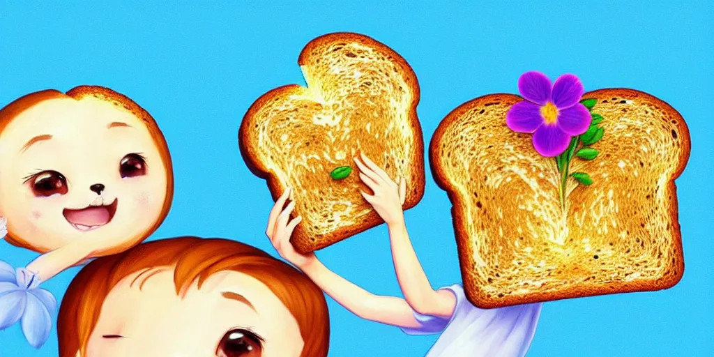 Prompt: epic professional digital art of a cute bread toast smiling wearing 👓!!!! and a blue flower!!!!, best on artstation, cgsociety, much detail, much wow, masterpiece