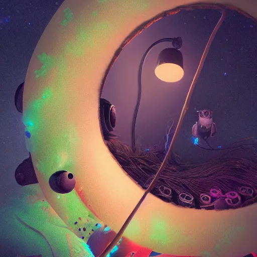 Prompt: cardboard pinhole camera, floating, extreme closeup, center frame, symmetric, rim light, bioluminescence, electric, fur, soft, concept art, intricate details, highly detailed, colorful, photorealistic, disney pixar, octane render, iridescent, anime, 8 k