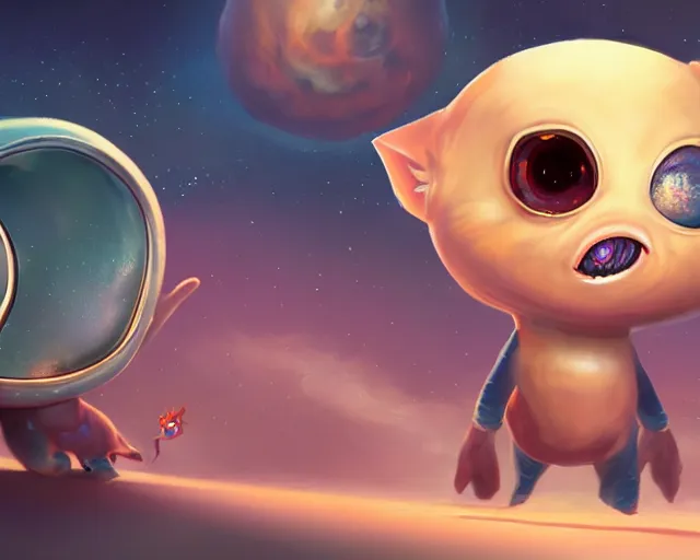 Image similar to 3D Fantasy Cute and adorable small alien piggy in space, huge adorable eyes, bright stars, Smooth 3D Illustration, soft render, Servando Lupini, Daniil Kudriavtsev, handpaint texture, Blender, 3DCoat