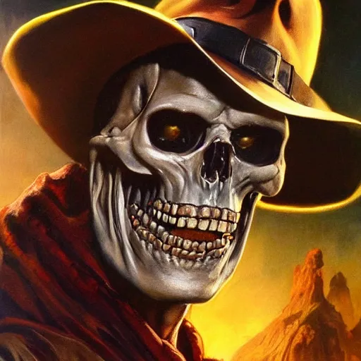 Prompt: ultra realistic portrait painting of skeletor as indiana jones, art by frank frazetta, 4 k, ultra realistic, highly detailed, epic lighting