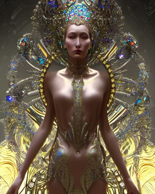 Image similar to a highly detailed metahuman 4 k close up render of an alien goddess bella hadid monument persephone in iris van herpen dress schiaparelli in diamonds crystals swarovski and jewelry iridescent in style of alphonse mucha gustav klimt trending on artstation made in unreal engine 4