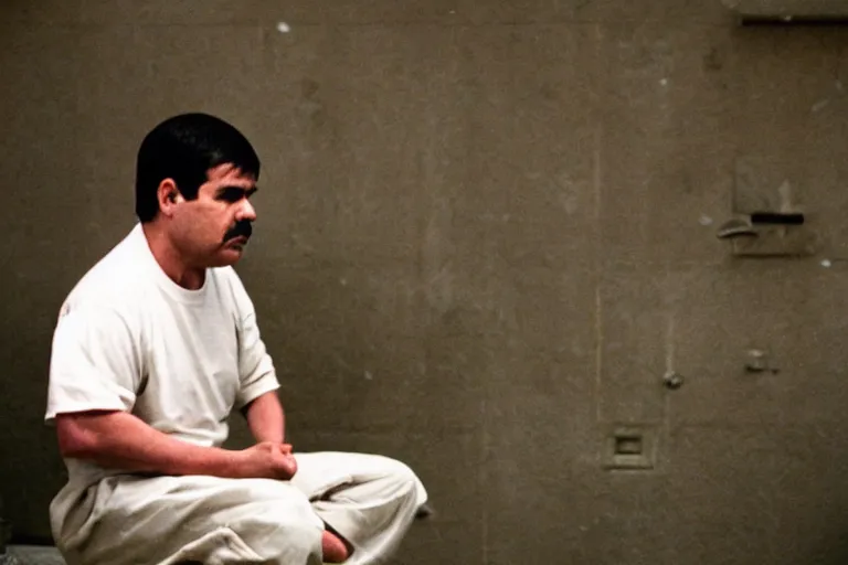 Image similar to el chapo is meditating in the middle of a prison cell. the prison cell has plenty of hot latina babes. meditation. 35 mm