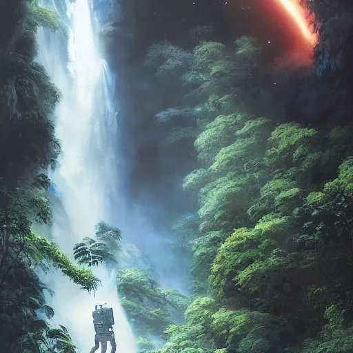 Prompt: an astronaut in a front of a large waterfall in a tropical forest, trending on artstation, masterpiece by greg rutkowski by ross tran by fenghua zho