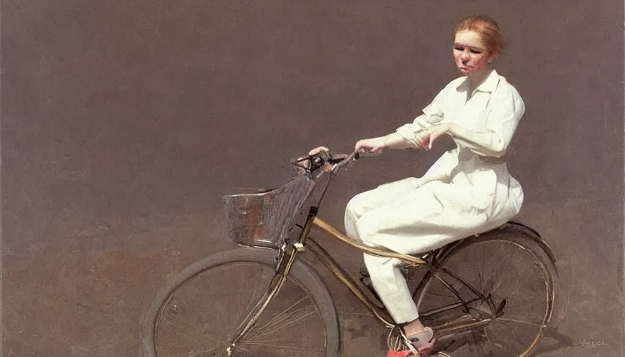 Image similar to painting by borremans, young woman riding a bike, detailed, stunning