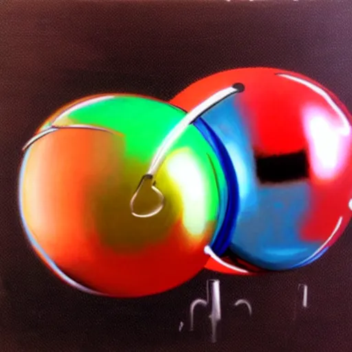 Prompt: chrome spheres on a red cube, airbrush