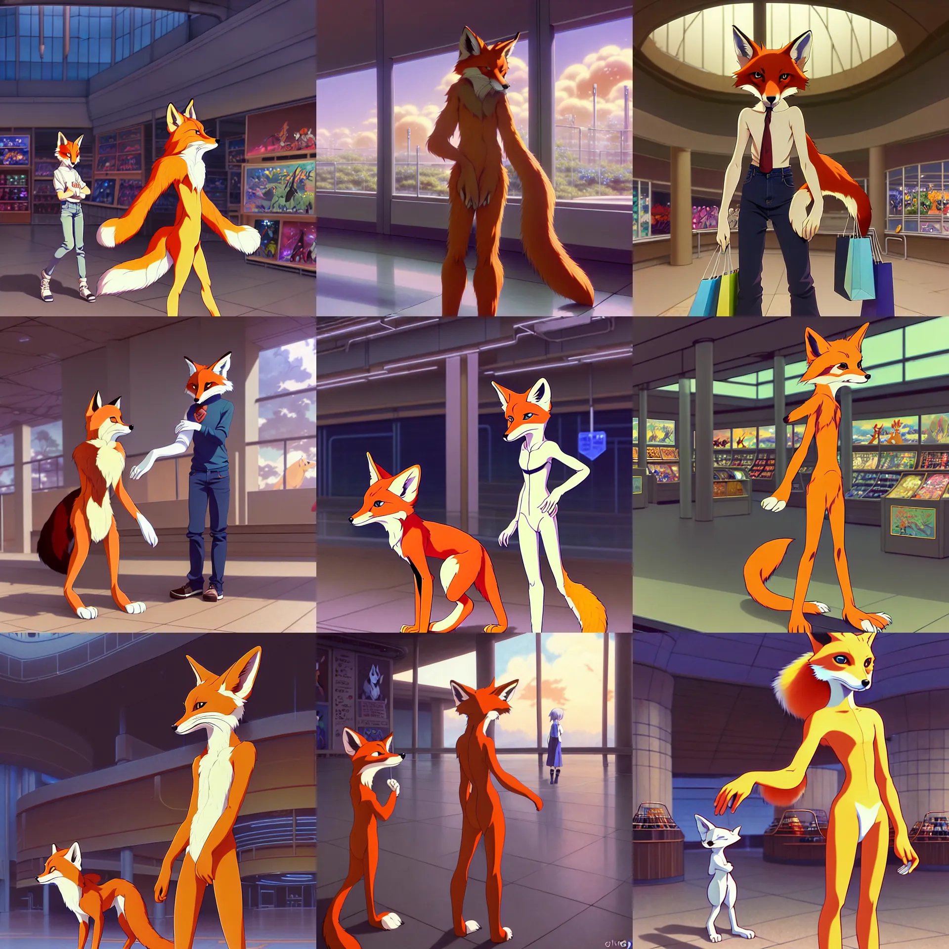 Image similar to anthro art commission of an anthropomorphic natural furry ( ( ( fox ) ) ) person shopping at a futuristic mall, photorealistic, detailed key anime art, makoto shinkai, james gurney, don bluth!!, disney!!, hibbary!!, dark natasha, goldenwolf, furaffinity, fursona, greg rutkowski