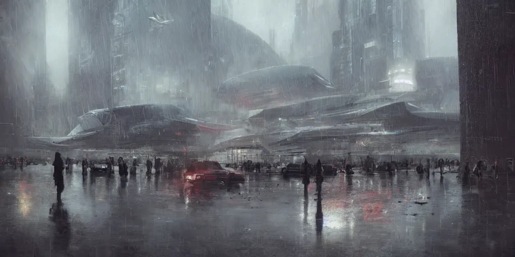 Prompt: brutalist architecture, rainy day, ominous evening, crowded airport, taxis, cargo spaceships, matte painting by greg rutkowski and craig mullins