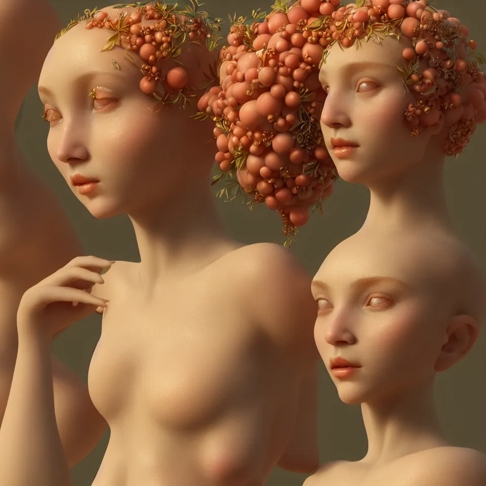 Image similar to A portrait of elegant Queen of peach fruits fairies, skin made of pale human skin. Soft details. Close-up. Octane Render. art nouveau. Trending on artstation. Bokeh.