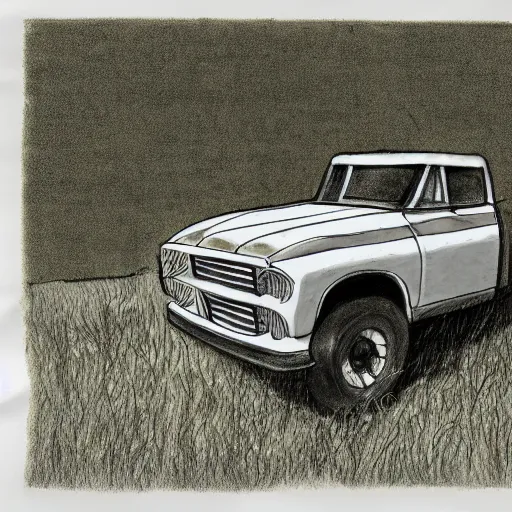 Prompt: rough sketch of a greyhound at a grassy field next to a truck