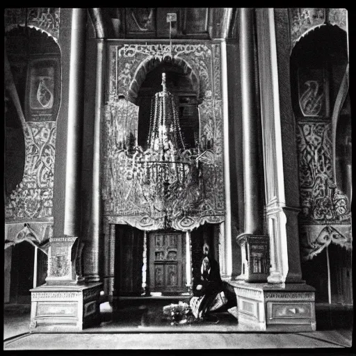 Image similar to ivan the terrible in his palace in moscow kills the time, kodak, old photo, black and white, film, wide lens, 1 6 mm,