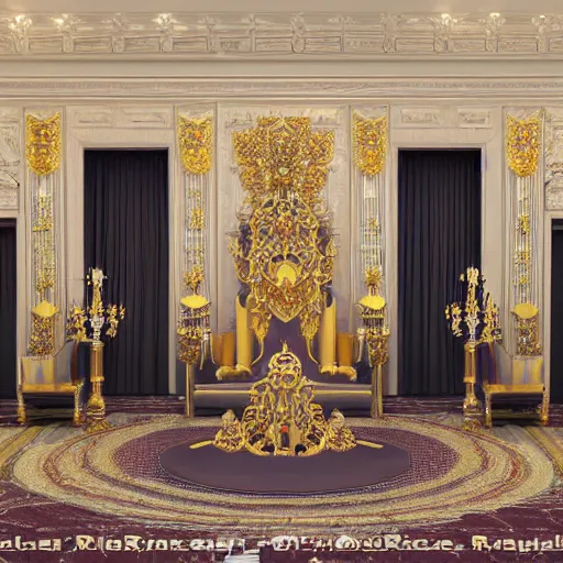 Image similar to photorealistic 3 d octane render of a gigantic royal palace throne room