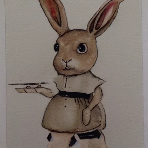 Image similar to a rabbit wearing a white ww1 uniform, watercolour