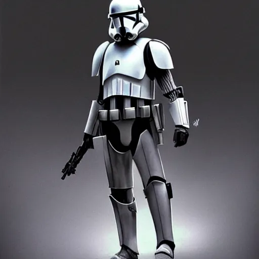 Image similar to an extremely long shot of an imperial stormtrooper in battle position ready to shoot his blaster concept art by Doug Chiang cinematic, realistic painting, high definition, very detailed, extremely high detail, photo realistic, concept art, the Mandalorian concept art style