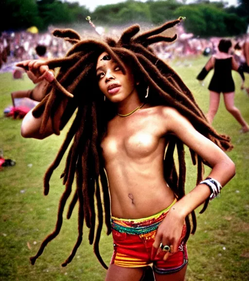 Image similar to portrait of a stunningly beautiful girl with dreadlocks dancing at a music festival, by bruce davidson