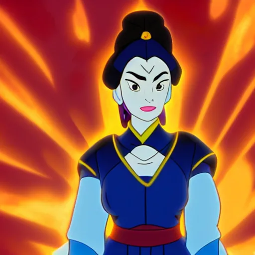 Image similar to poster of Princess Azula in the style of JM Animation, blue fires burning in the background, highly detailed, golden ratio, cinematic lighting