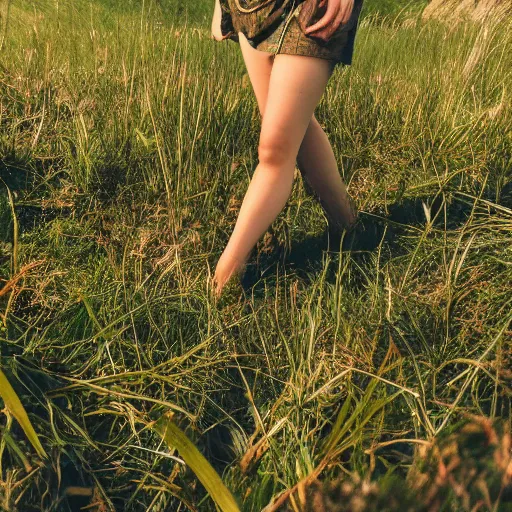 Prompt: a macro photo of a wild pixie huntress standing in the grass
