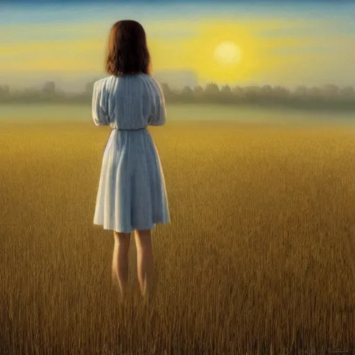 Image similar to close-up shot, a beautiful painting of a girl in a airy semi-transparent thin light dress standing in the glowing wheat fields, mystical setting, afternoon sun, long shadows, photo from the back, by Mark Ryden, Felix Kelly, trending on artstation