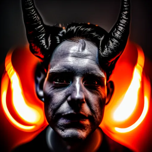 Image similar to photorealistic, iso - 4 0 0, canon eos 5 d mark iv, shot on 7 0 mm, portrait of male archangel bellringer form lexx by lee jeffries and platon silveed skin, flame halo ring over head, demonic, horns, fangs, nd 4, perfect studio lighting