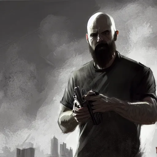 Image similar to painting of an undercover cup, concept art, bald, beard, max payne, call of duty, sin city, golden hour, city environment, dramatic lighting, digital art, 8 k, extremely detailed, drawn by ruan jia