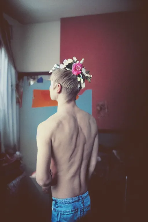 Image similar to agfa vista 4 0 0 photograph of a skinny blonde guy standing in a cluttered 9 0 s bedroom, flower crown, back view, grain, moody lighting, moody vibe, telephoto, 9 0 s vibe, blurry background, vaporwave colors!, faded!,