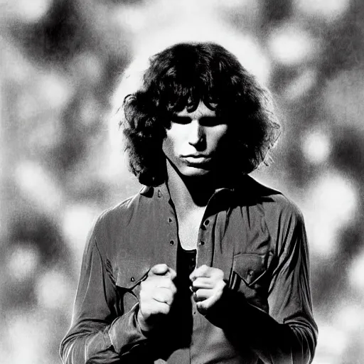 Prompt: HD digital photograph of Jim Morrison, the doors, psychedelic, Paris, light my fire, ultra realistic, powerful, iconic, love peace and unity, hippy, flower power