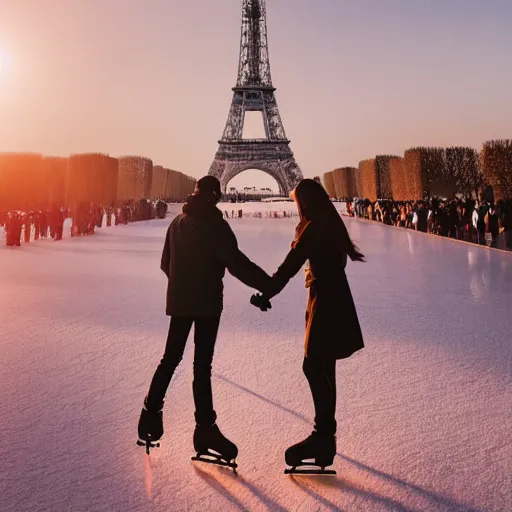 Image similar to extreme long shot, landscape, man and woman with long brown hair ice skating in front of eiffel tower, soft lighting, soft aesthetic, cool pallet, soft focus