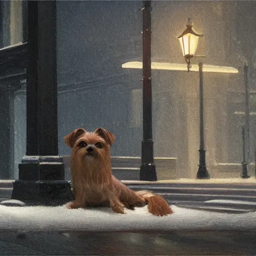 Prompt: a mini-yorkie dog at night in the world of Edward Hopper, stormy snowy weather, streetlights, extremely detailed masterpiece, oil on canvas, low-key neon lighting, artstation, Blade Runner 2049, Roger Deakin’s cinematography, by J. C. Leyendecker and Peter Paul Rubens,