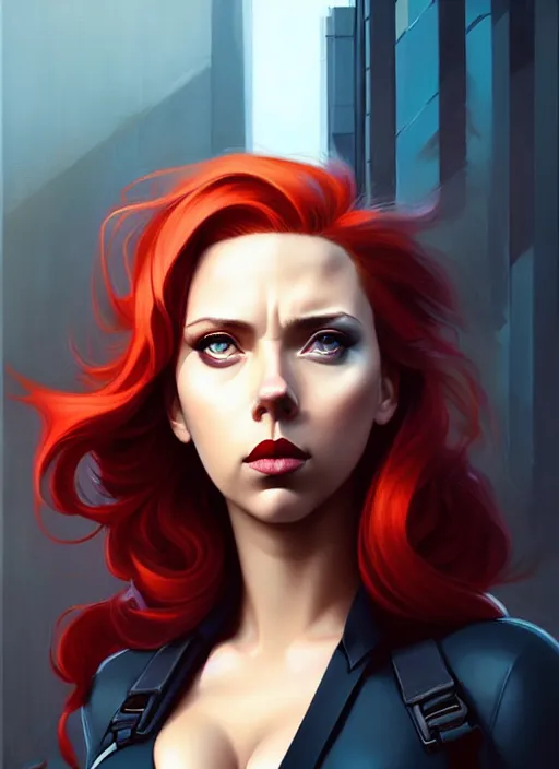 Image similar to peter mohrbacher, phil noto, artgerm, pretty scarlett johansson black widow, symmetrical eyes, long red hair, city rooftop