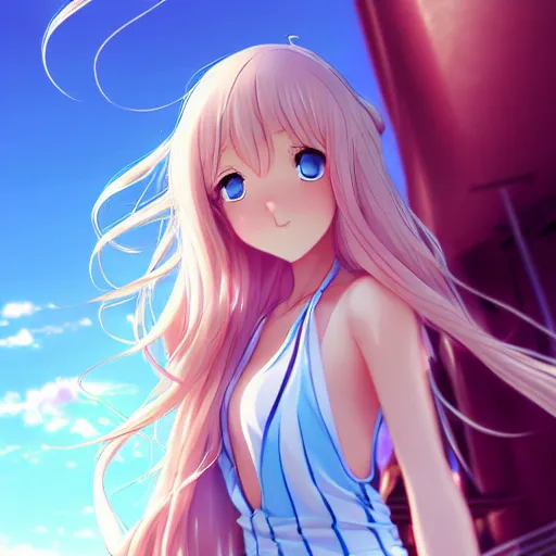 Prompt: a very beautiful young anime tennis girl, full body, long wavy blond hair, sky blue eyes, full round face, bikini, miniskirt, front view, mid - shot, highly detailed, cinematic wallpaper by stanley artgerm lau