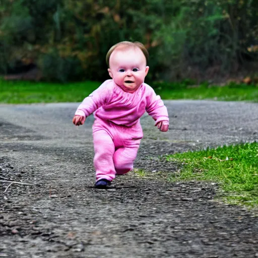 Image similar to baby running at full speed, photograph, outdoors