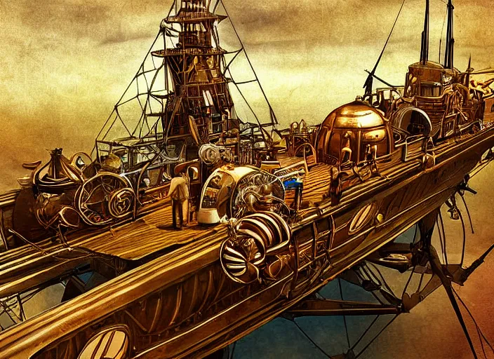 Prompt: crossing the Atlantic on an airship, steampunk digital art