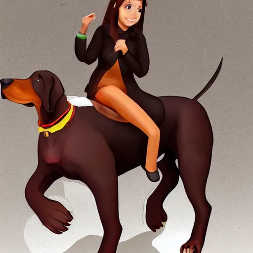 Image similar to girl riding a giant doberman dog in the park, trending on artstation