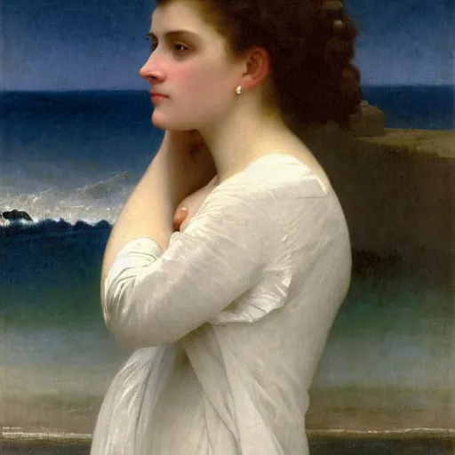 Image similar to A portrait of a woman in a long white dress in front of an ocean with overcast skies, backlit, painting by William-Adolph Bouguereau