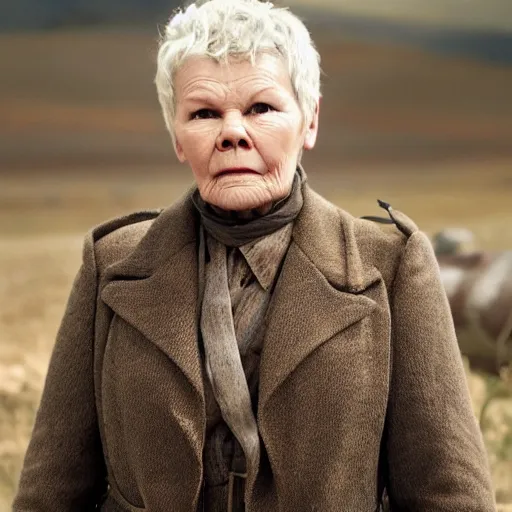 Prompt: Judy Dench playing Daniel Plainview in There Will Be Blood