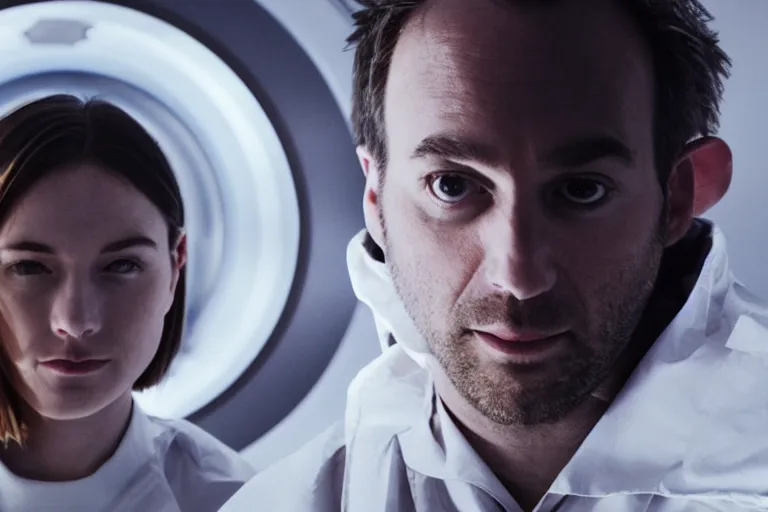 Image similar to movie closeup polar opposites, couple, researchers in a futuristic lab building inter dimensional portal machine, beautiful skin, Symmetrical faces. Beautiful lighting by Emmanuel Lubezki