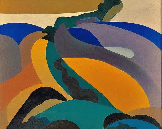 Prompt: A wild, insane, modernist landscape painting. Wild energy patterns rippling in all directions. Curves, organic, zig-zags. Saturated color. Mountains. Clouds. Rushing water. Wayne Thiebaud. Arthur Dove. Zao Wou-ki.