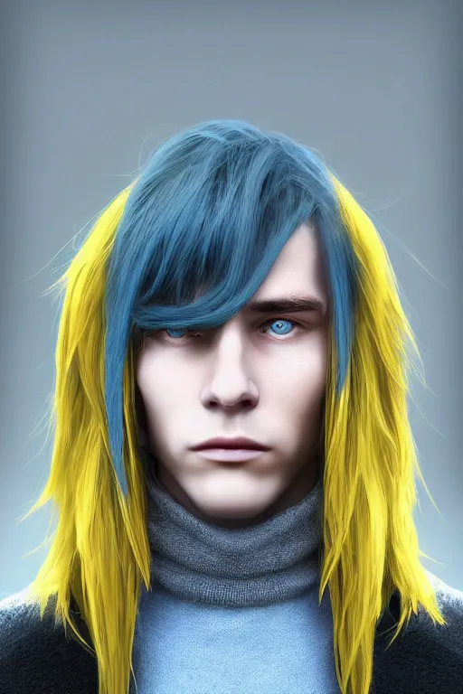 Image similar to a male teenager with long blue hair and yellow eyes wearing a winter overcoat, hyperrealistic, concept art, octane render, unreal engine 5, trending on artstation, high quality, 8 k, highly detailed, digital art, anatomically correct, symmetrical, realistic and defined face, profile picture, high coherence, path traced, beautiful, elegant clothes